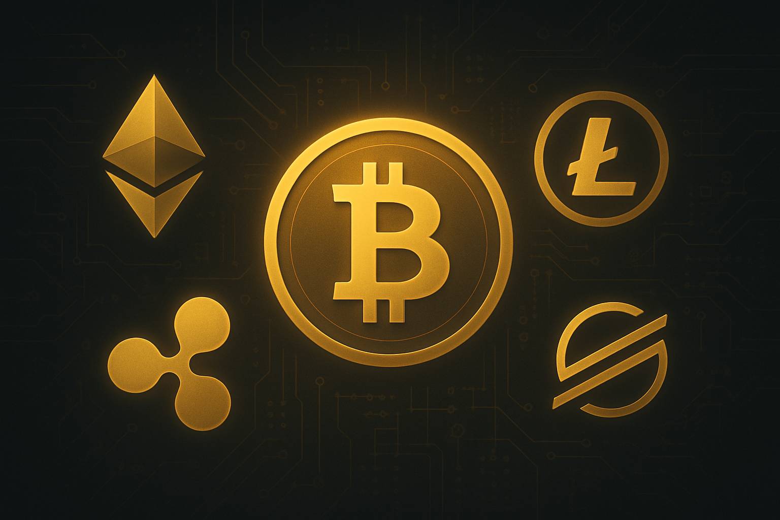 نماد بیتکوین در کنار اتریوم، لایتکوین، ریپل و استلار؛ آشنایی با ارز دیجیتال